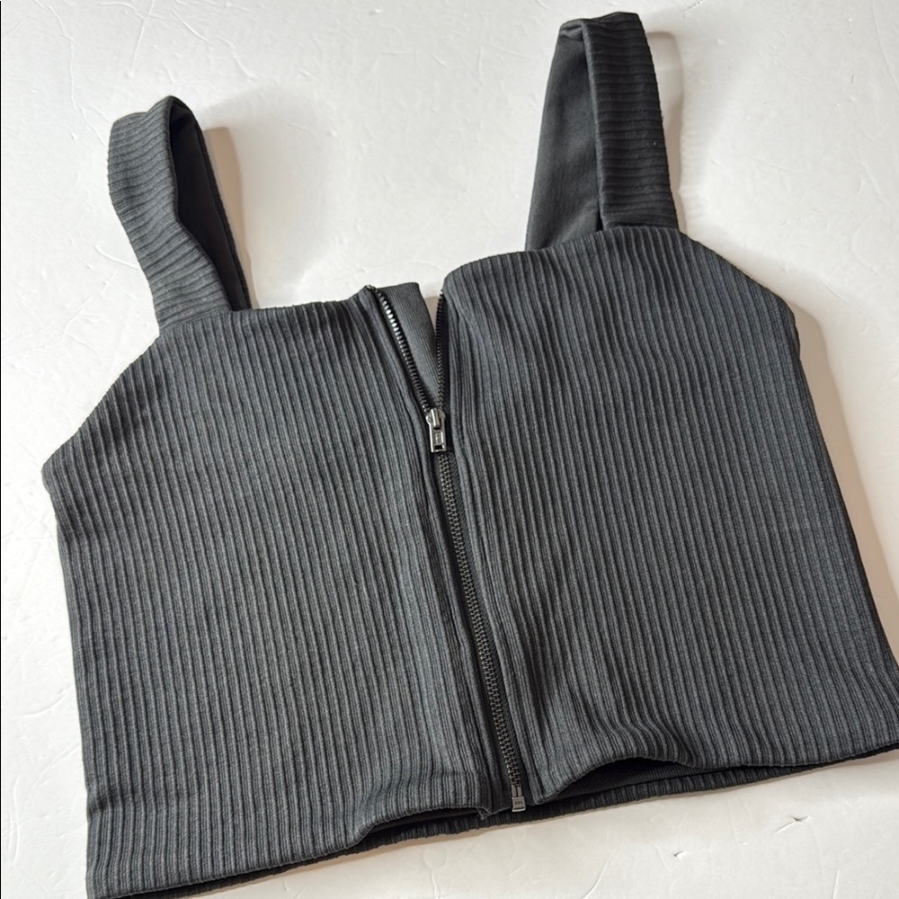 Aerie Ribbed Square Neck Zip Up Cropped Top Gray Large